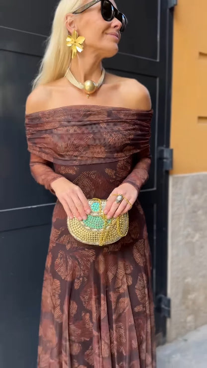 Chocolate Brown Off-Shoulder Leaf Print Sheer Midi Dress
