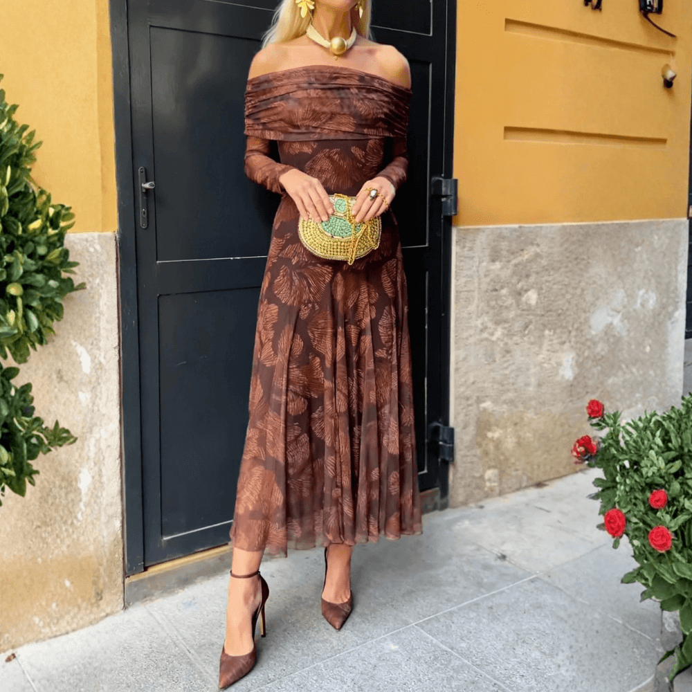 Chocolate Brown Off-Shoulder Leaf Print Sheer Midi Dress