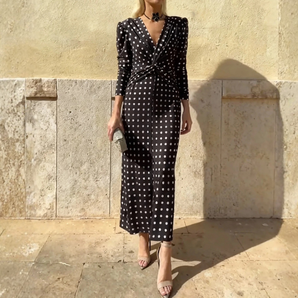 Black & White Polka Dot V-Neck Midi Dress