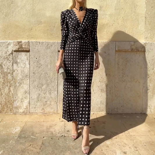 Black & White Polka Dot V-Neck Midi Dress