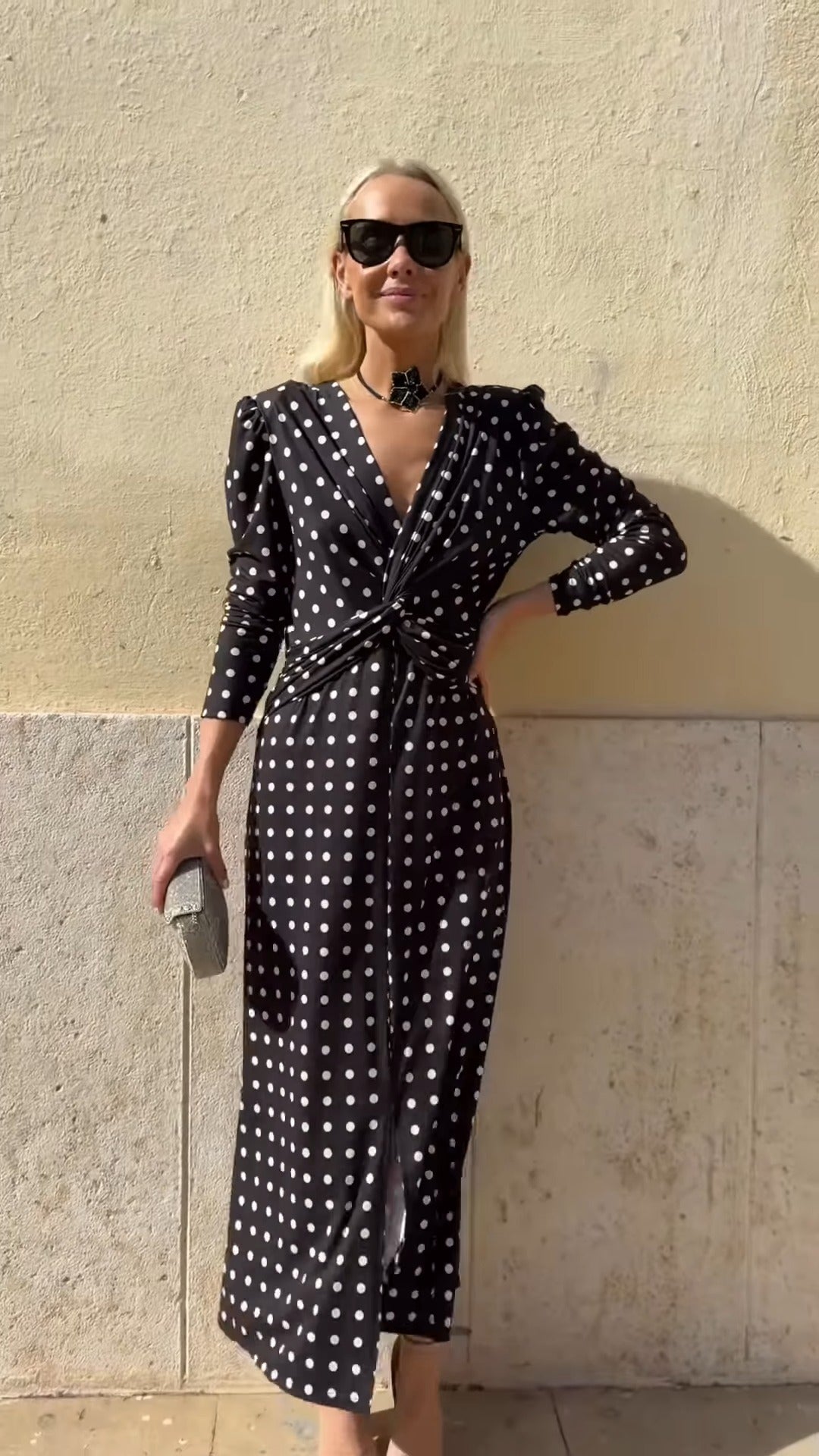 Black & White Polka Dot V-Neck Midi Dress