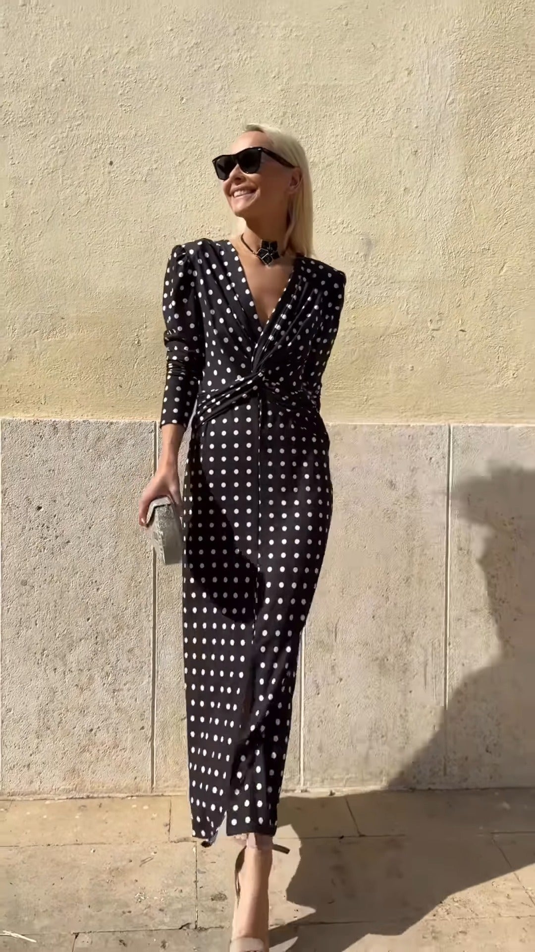 Black & White Polka Dot V-Neck Midi Dress