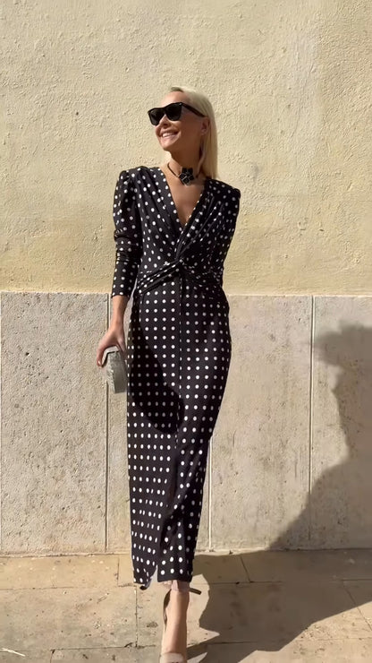 Black & White Polka Dot V-Neck Midi Dress