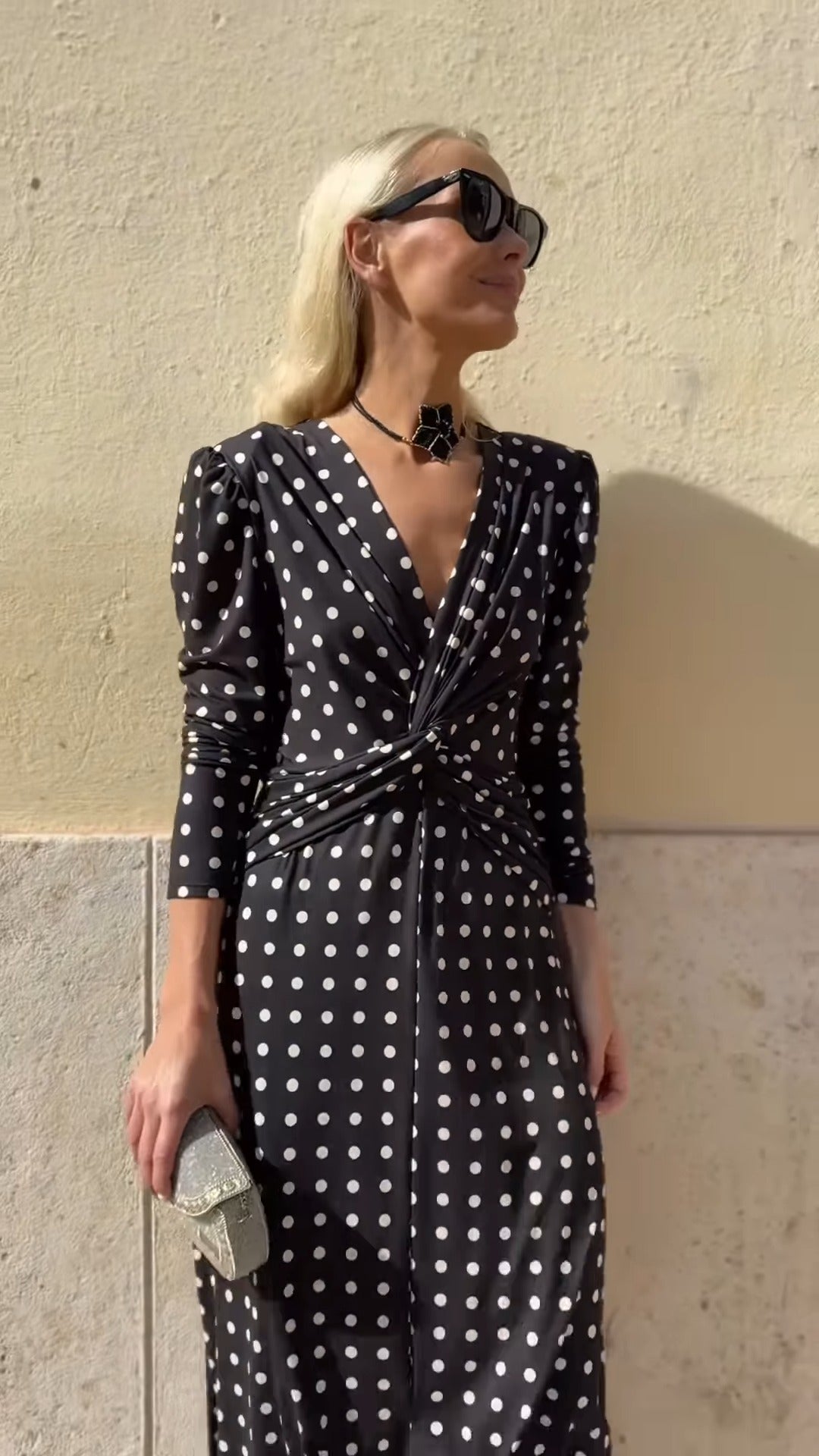 Black & White Polka Dot V-Neck Midi Dress
