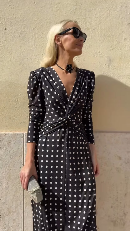 Black & White Polka Dot V-Neck Midi Dress
