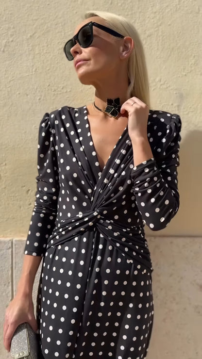 Black & White Polka Dot V-Neck Midi Dress