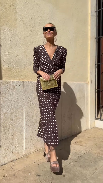 Dark Brown Polka Dot V-Neck Midi Dress