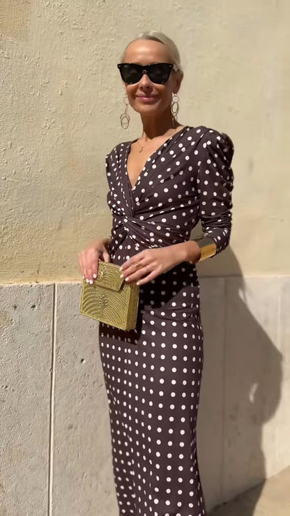 Dark Brown Polka Dot V-Neck Midi Dress