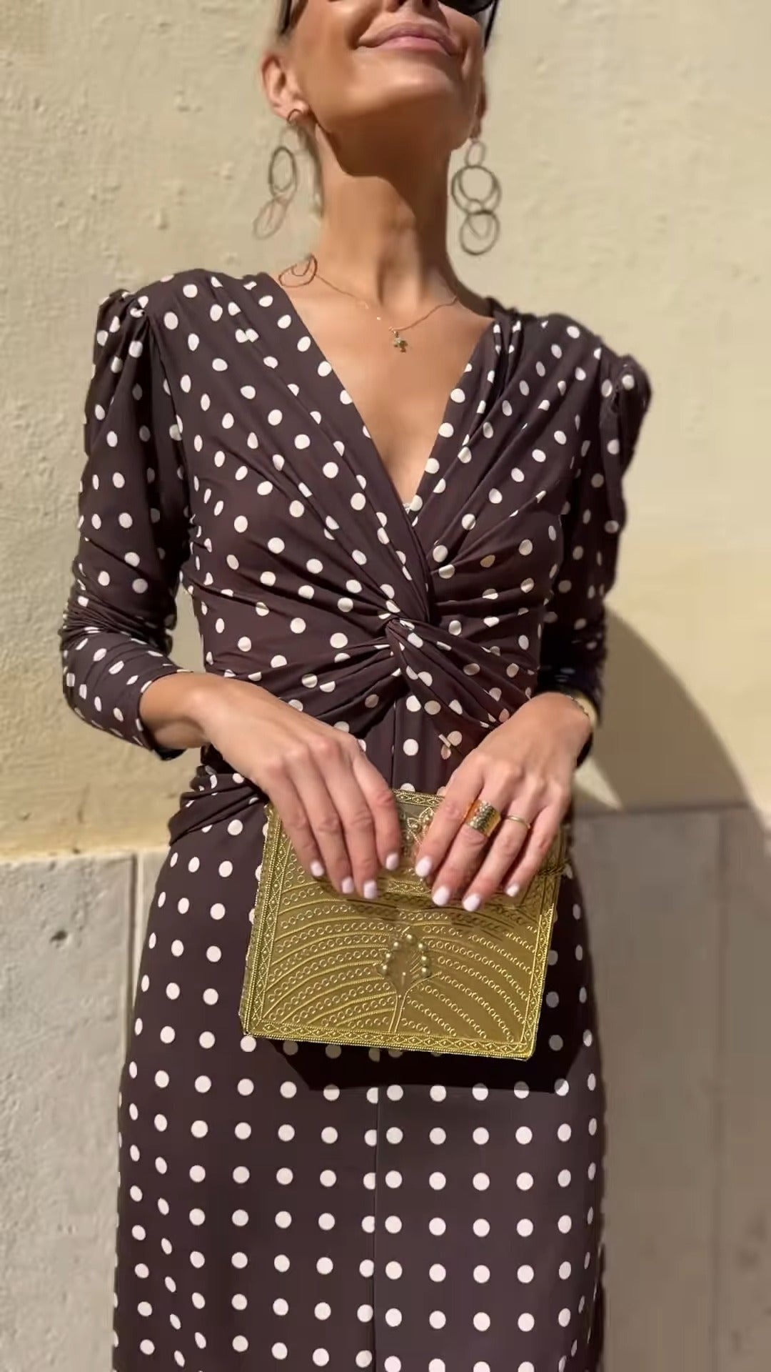 Dark Brown Polka Dot V-Neck Midi Dress
