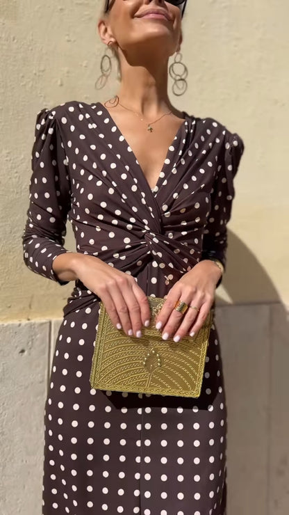 Dark Brown Polka Dot V-Neck Midi Dress