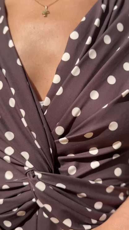 Dark Brown Polka Dot V-Neck Midi Dress
