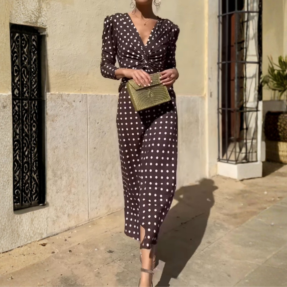 Dark Brown Polka Dot V-Neck Midi Dress