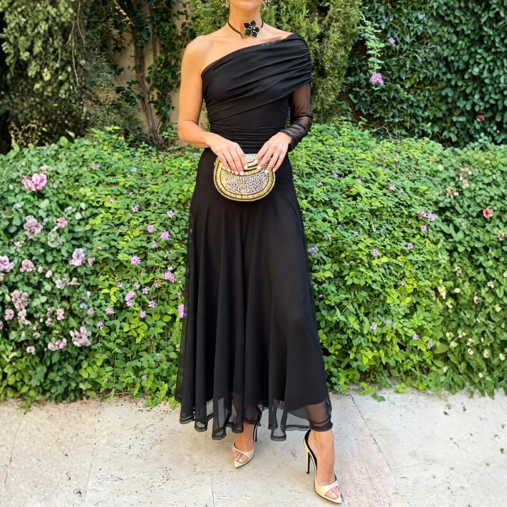 Black One-Shoulder Sheer Maxi Dress With Ruched Detail