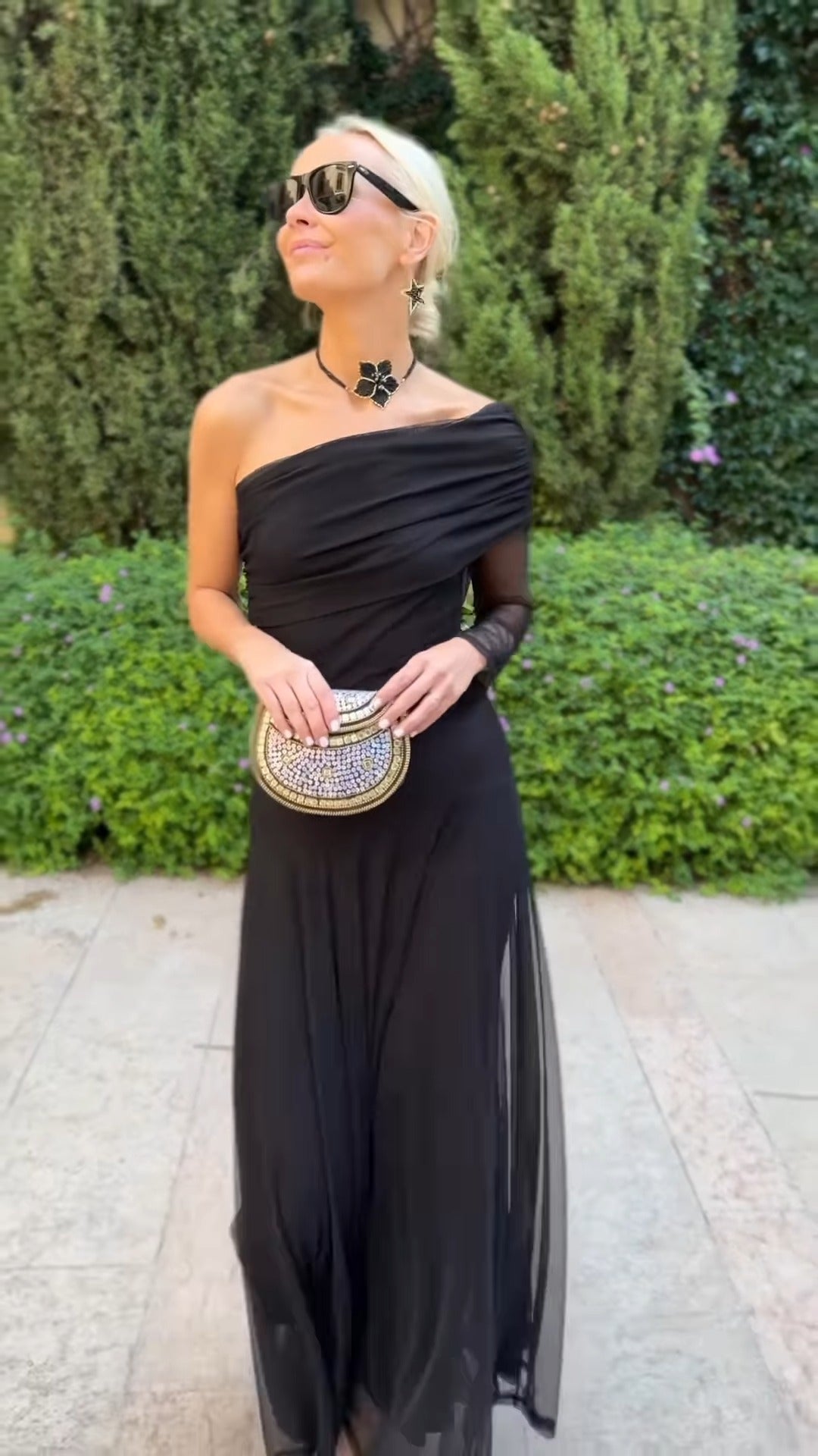 Black One-Shoulder Sheer Maxi Dress With Ruched Detail