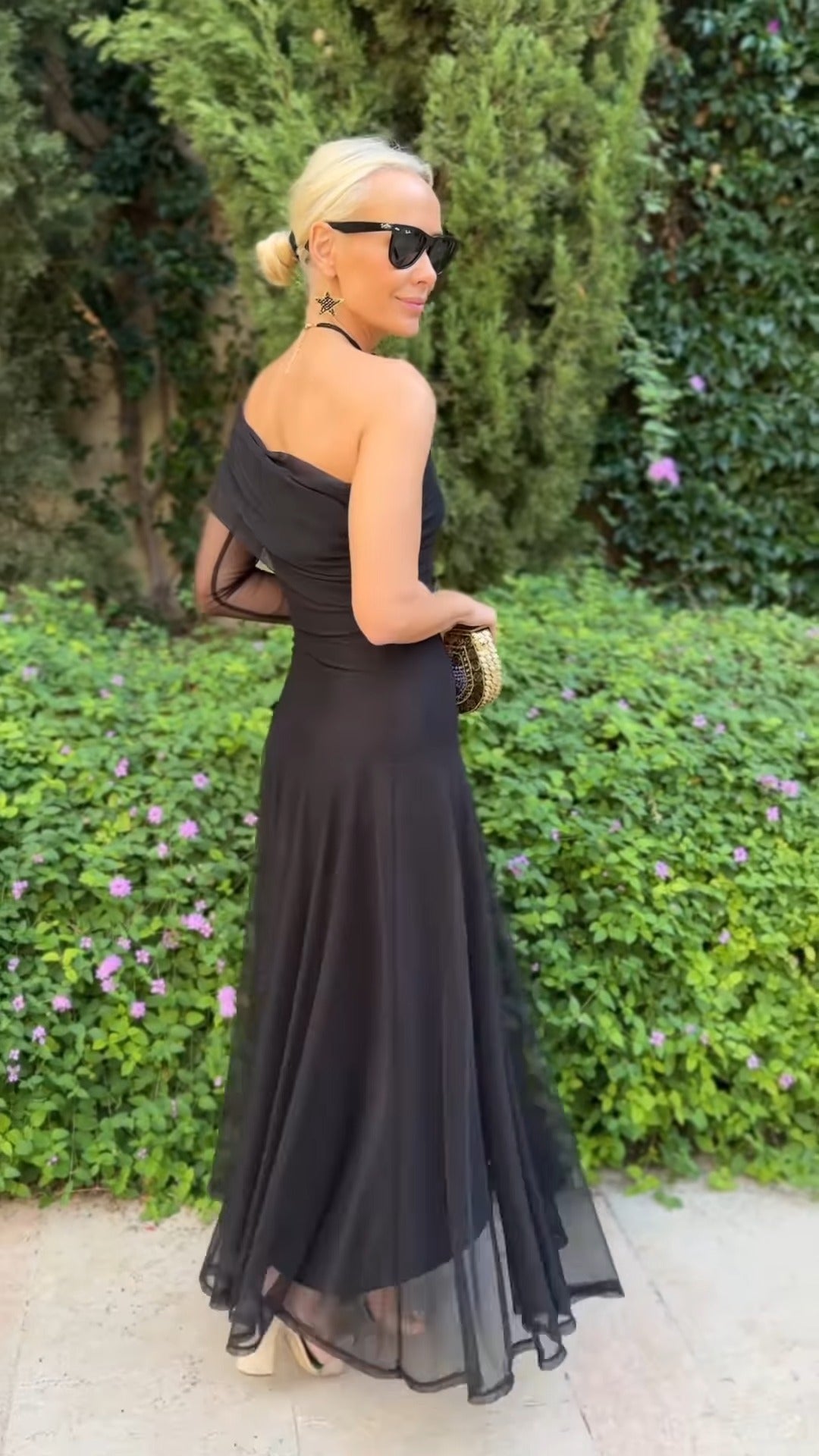 Black One-Shoulder Sheer Maxi Dress With Ruched Detail