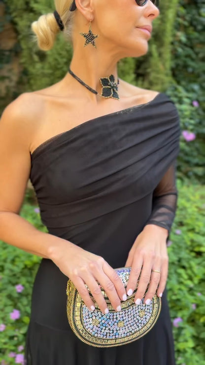 Black One-Shoulder Sheer Maxi Dress With Ruched Detail