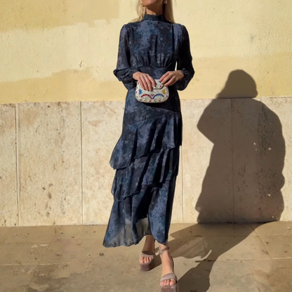 Navy Blue High-Neck Ruffled Midi Dress With Floral Print