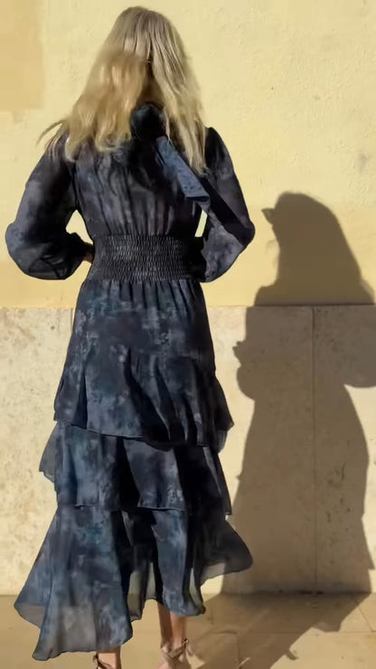 Navy Blue High-Neck Ruffled Midi Dress With Floral Print