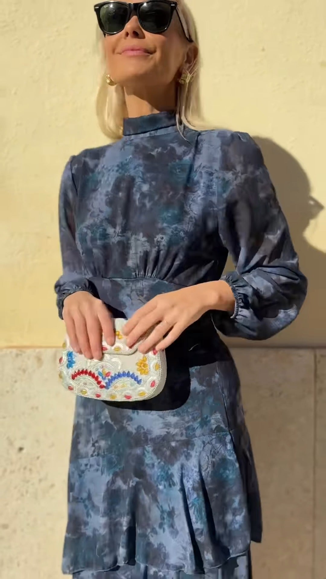 Navy Blue High-Neck Ruffled Midi Dress With Floral Print