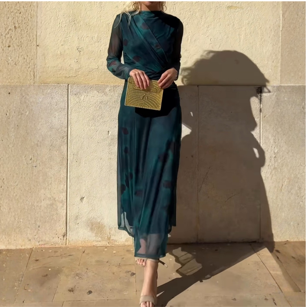 Deep Teal High-Neck Sheer Wrap Maxi Dress With Abstract Print