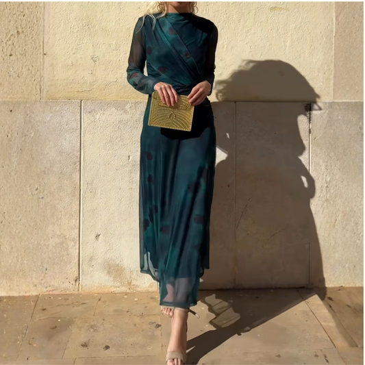 Deep Teal High-Neck Sheer Wrap Maxi Dress With Abstract Print