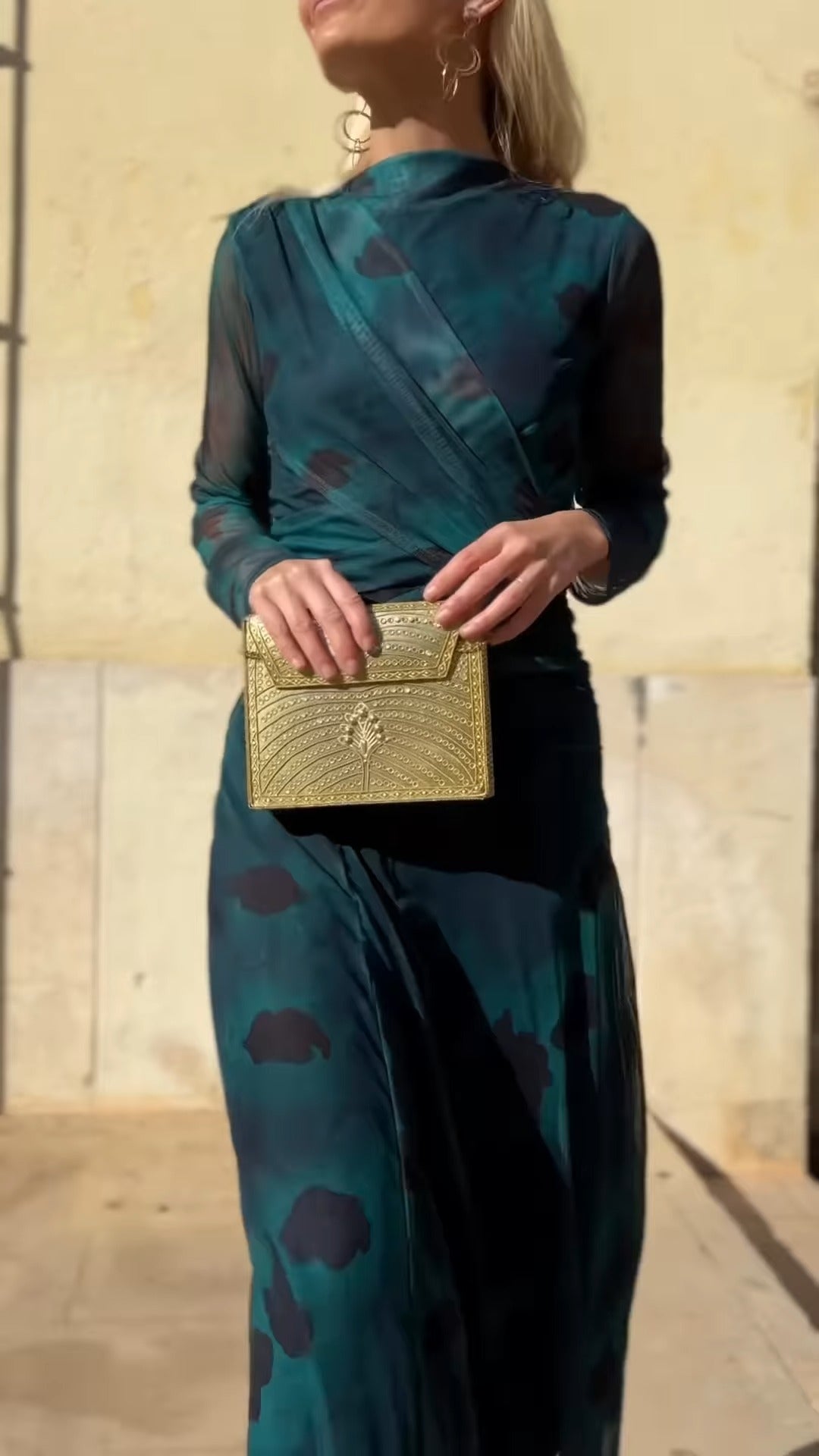 Deep Teal High-Neck Sheer Wrap Maxi Dress With Abstract Print