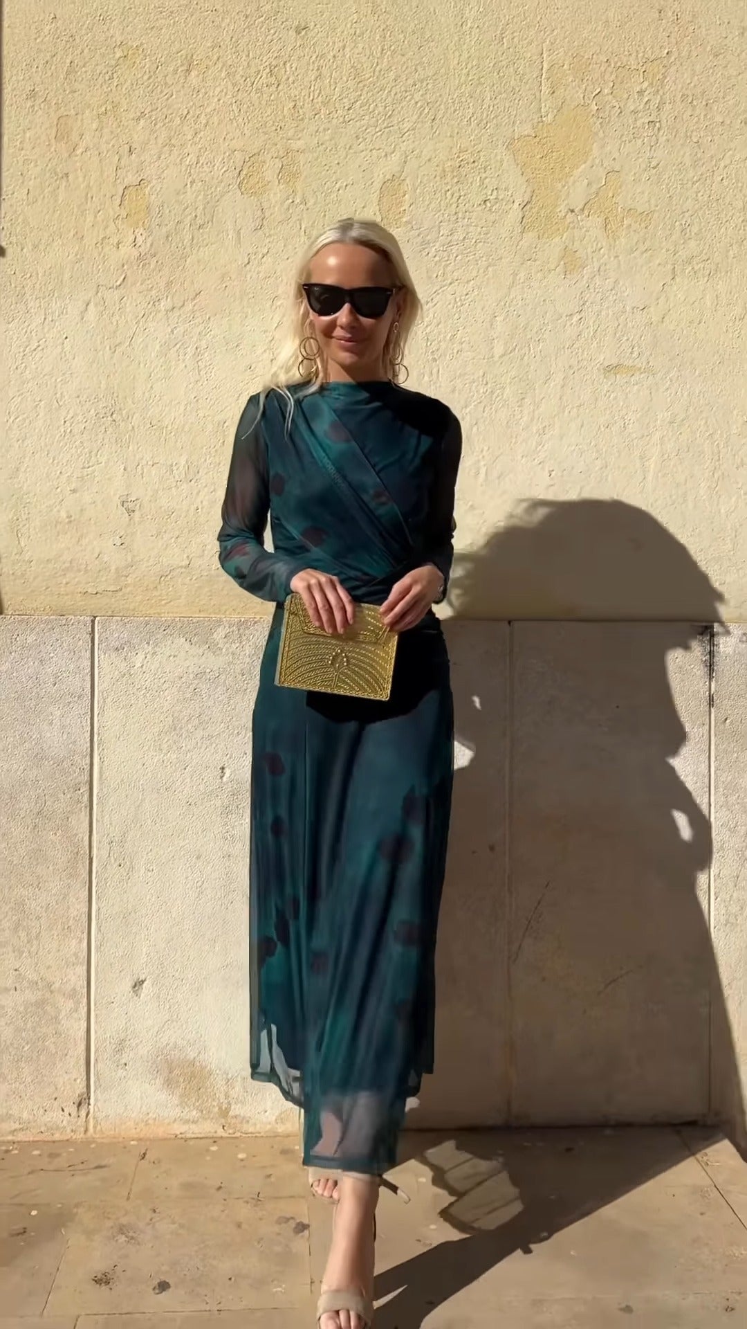 Deep Teal High-Neck Sheer Wrap Maxi Dress With Abstract Print