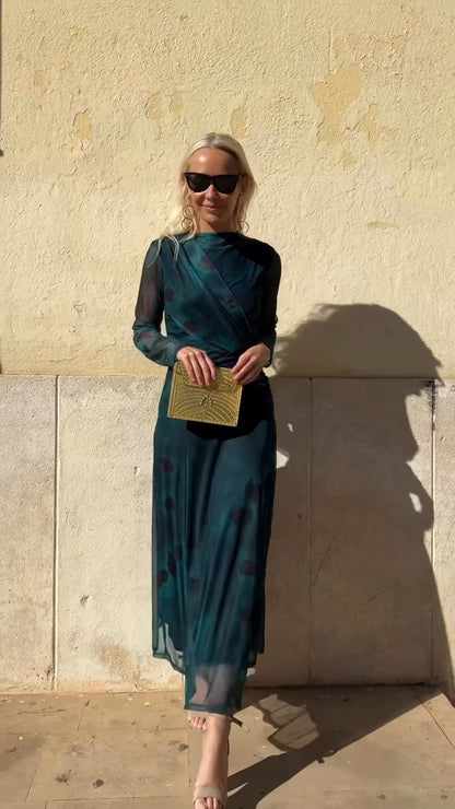 Deep Teal High-Neck Sheer Wrap Maxi Dress With Abstract Print