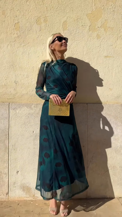 Deep Teal High-Neck Sheer Wrap Maxi Dress With Abstract Print