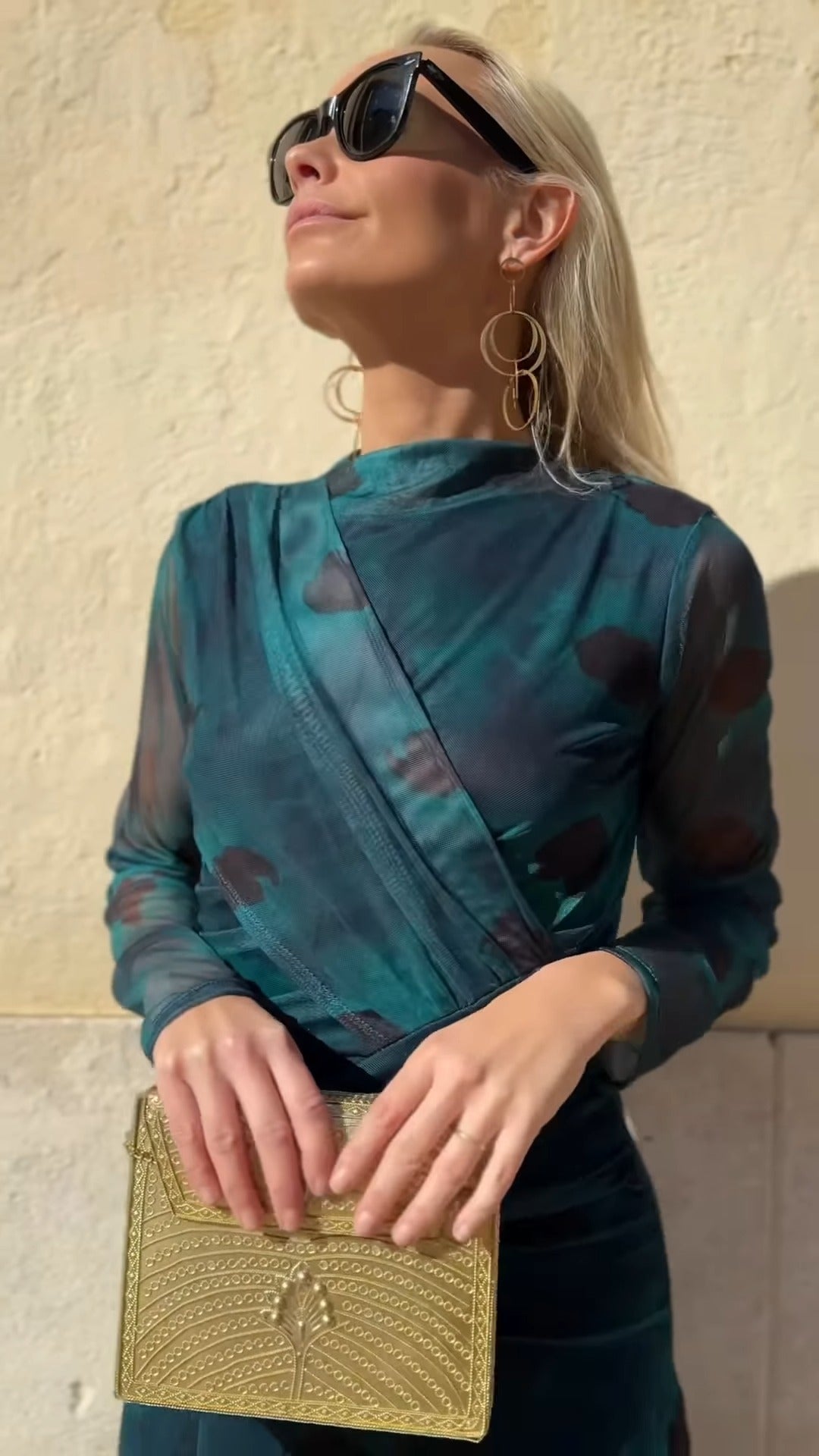 Deep Teal High-Neck Sheer Wrap Maxi Dress With Abstract Print