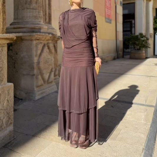 Deep Brown Asymmetric Shoulder Sheer Tiered Maxi Dress With Ruched Detail