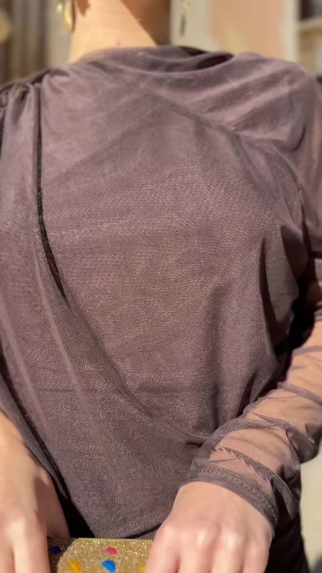 Deep Brown Asymmetric Shoulder Sheer Tiered Maxi Dress With Ruched Detail