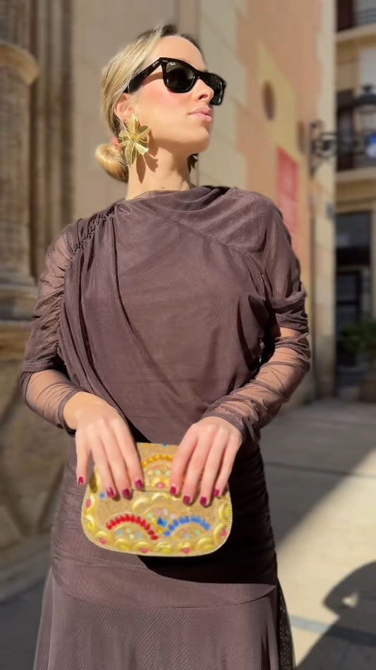 Deep Brown Asymmetric Shoulder Sheer Tiered Maxi Dress With Ruched Detail
