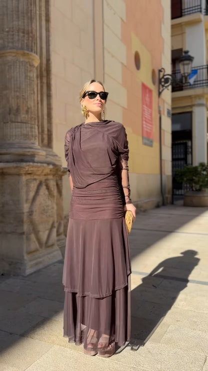 Deep Brown Asymmetric Shoulder Sheer Tiered Maxi Dress With Ruched Detail