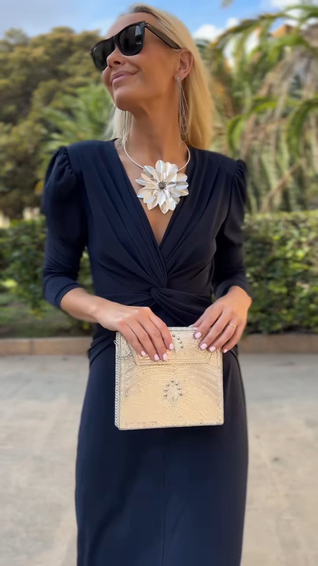 Navy Blue Deep V Puff Sleeve Twist Front Maxi Dress