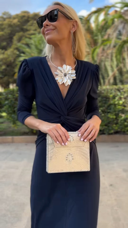 Navy Blue Deep V Puff Sleeve Twist Front Maxi Dress