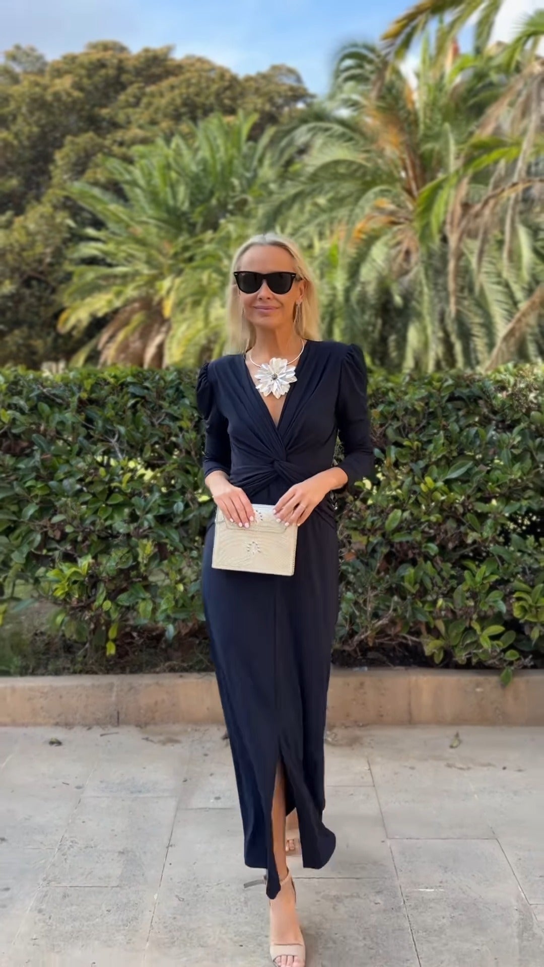 Navy Blue Deep V Puff Sleeve Twist Front Maxi Dress