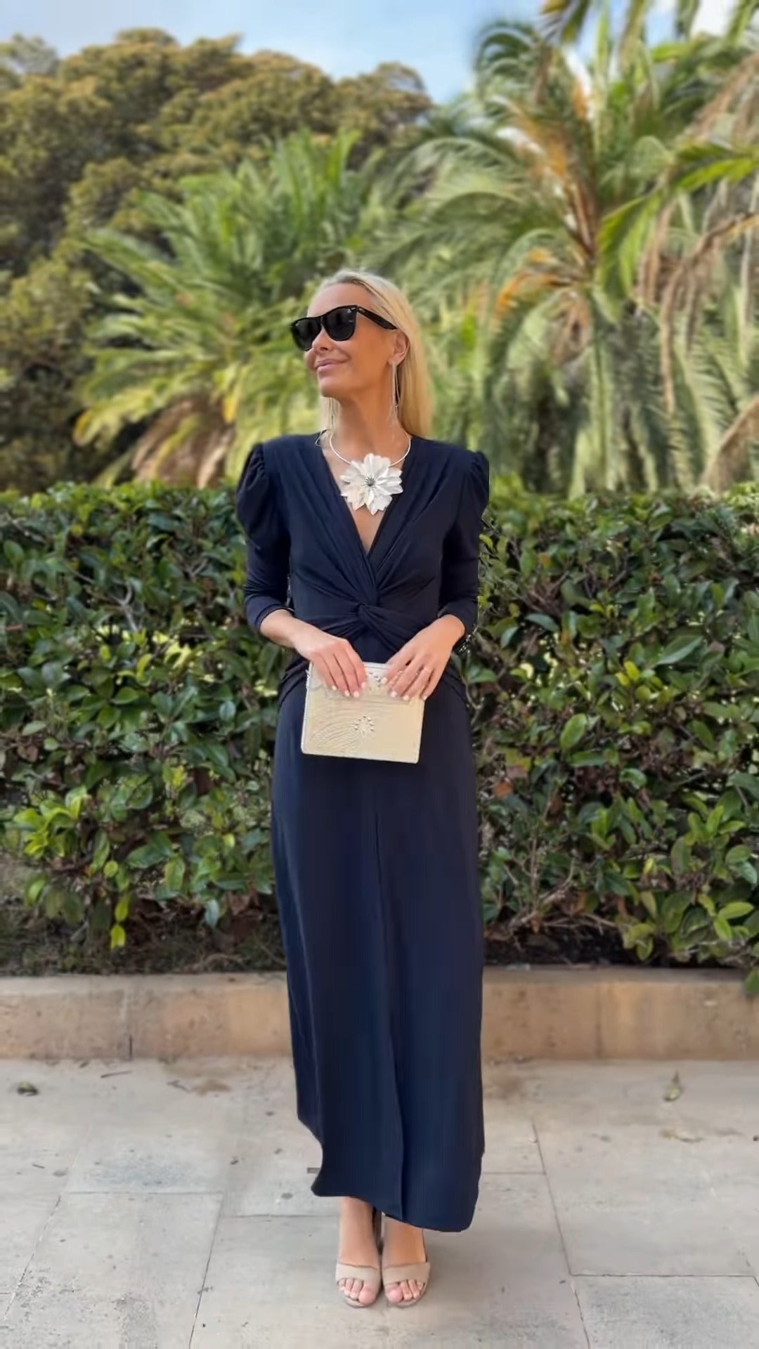 Navy Blue Deep V Puff Sleeve Twist Front Maxi Dress