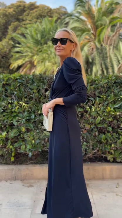 Navy Blue Deep V Puff Sleeve Twist Front Maxi Dress