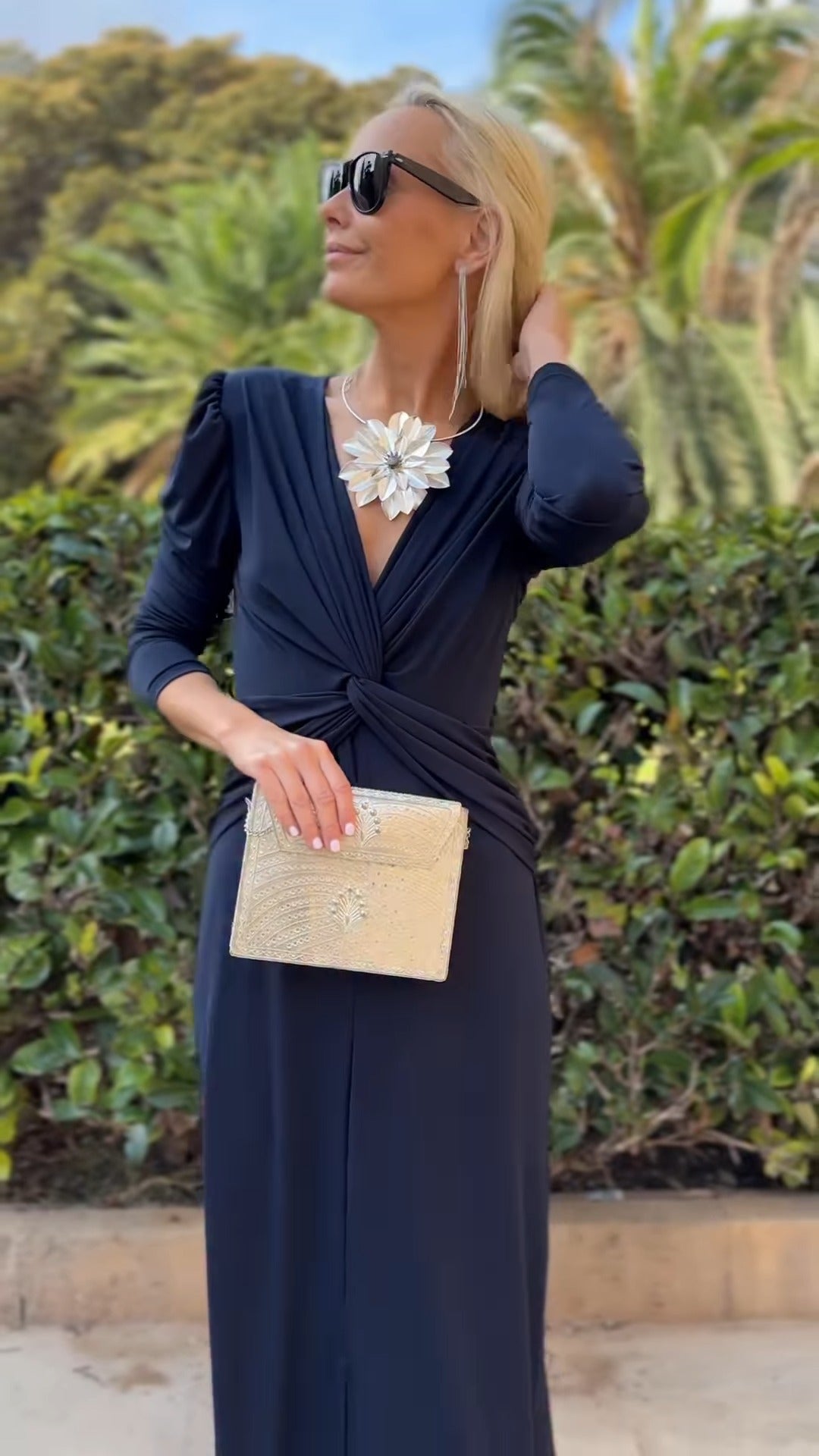 Navy Blue Deep V Puff Sleeve Twist Front Maxi Dress