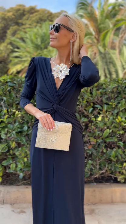 Navy Blue Deep V Puff Sleeve Twist Front Maxi Dress