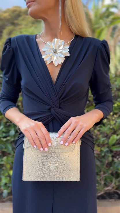 Navy Blue Deep V Puff Sleeve Twist Front Maxi Dress