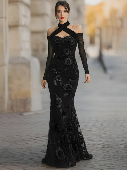 Floral Embroidered Off-Shoulder Mesh Sleeve Mermaid Gown