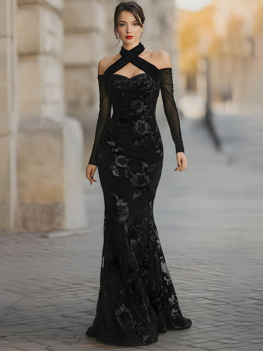 Floral Embroidered Off-Shoulder Mesh Sleeve Mermaid Gown