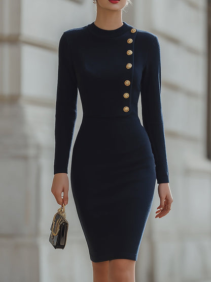Sophisticated Navy Bodycon Dress With Gold Button Accents