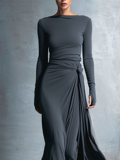 Gray Exquisite Stretch Blended Fabric Wrap Dress - Knotted Maxi Dress