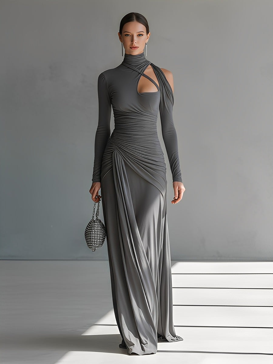 Grey Silky Stretch Sophisticated Ruched Detail Cut-Out Maxi Dress