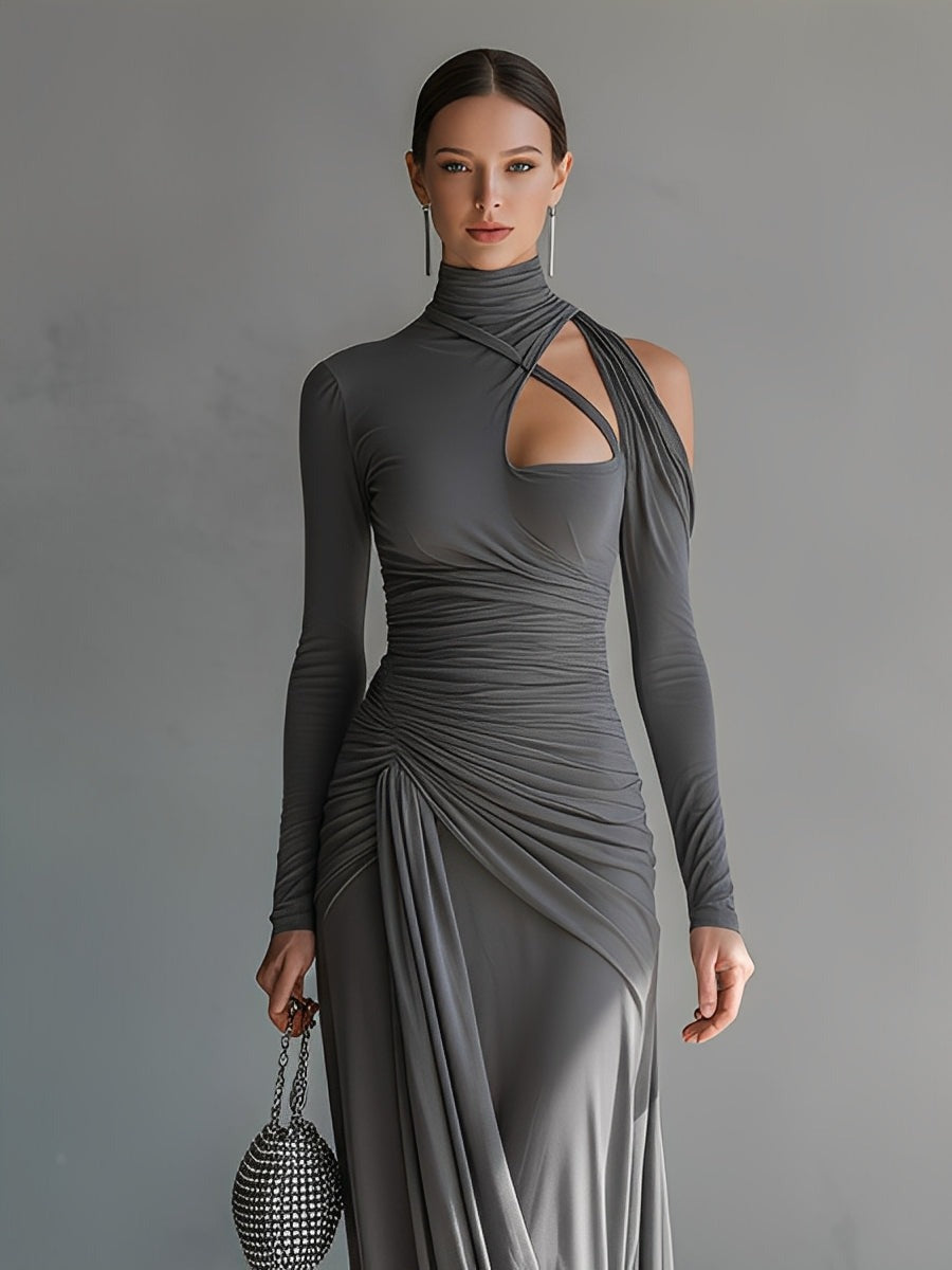 Grey Silky Stretch Sophisticated Ruched Detail Cut-Out Maxi Dress