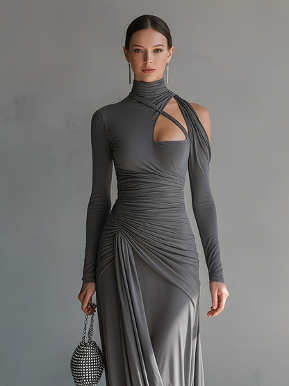 Grey Silky Stretch Sophisticated Ruched Detail Cut-Out Maxi Dress