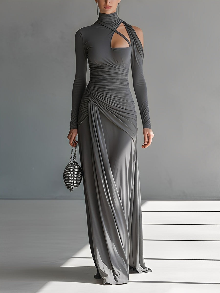Grey Silky Stretch Sophisticated Ruched Detail Cut-Out Maxi Dress